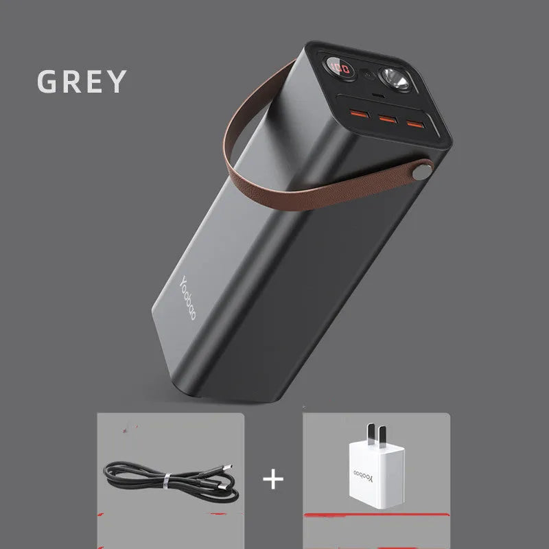 Black emergency power bank with 20000 mAh capacity and 200W output for outdoor and travel use