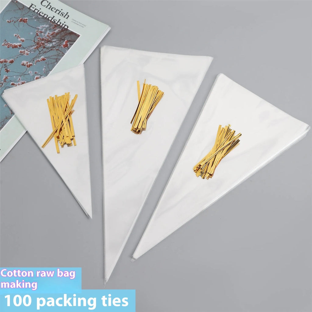 Triangle transparent plastic packaging bag with wire tie closure showing geometric shape