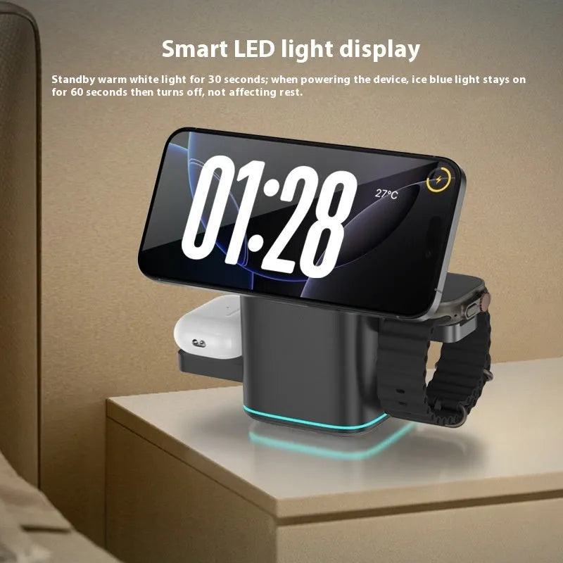 Black magnetic wireless phone charging stand showing 180-degree rotation adjustment.