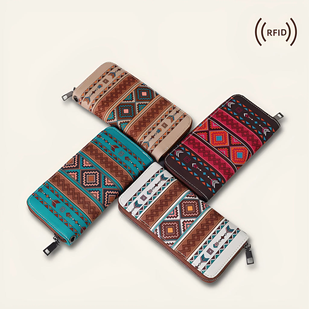 Bohemian striped canvas RFID blocking wallet with wind belt closure in beige colour