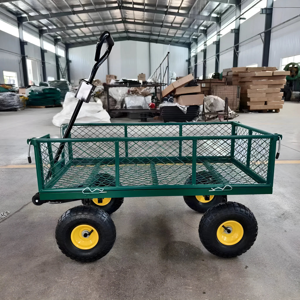 Four-Wheel Hand Push Net Cart Handling Express Transport Trolley Iron Construction 350kg Load 18kg Self-Weight Green Terrain Rubber Wheels 180° Steering Detachable Frame Multi-Use