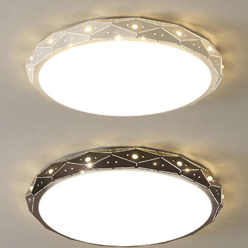Round LED ceiling light with black iron frame and dimmable function for room illumination.