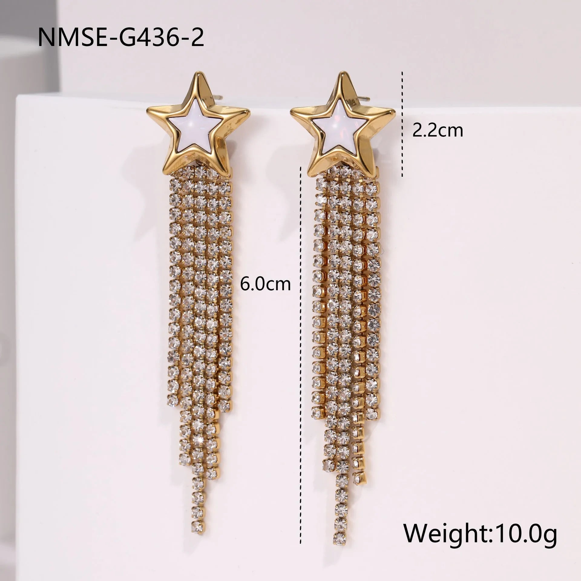 Pair of 18K gold plated stainless steel earrings featuring heart and star shapes with diamond tassels