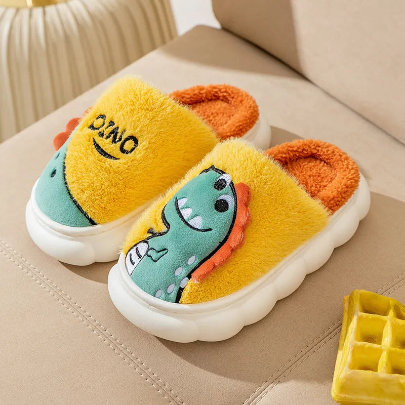 Couple dinosaur plush slippers in three colour designs with thickened soles for indoor wear