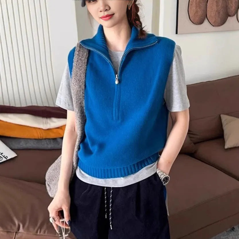 Retro half zip sleeveless knit vest in mesh polyester fabric with Japanese Korean casual styling