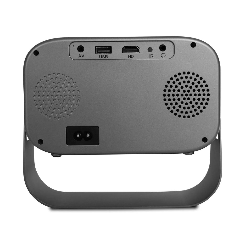 Black HD smart portable projector with remote control on table