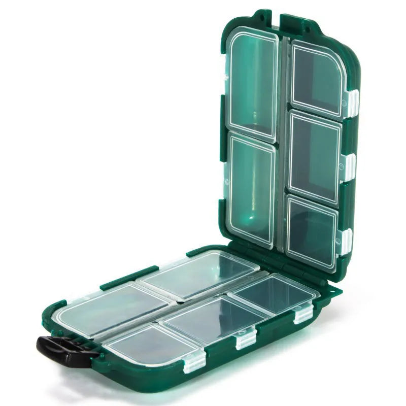 Black plastic fishing tackle storage box with 10 compartments showing organised fishing hooks and lures
