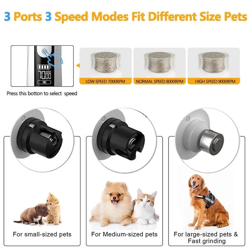 White electric pet nail trimmer with LED indicator light and dust collection chamber for dogs