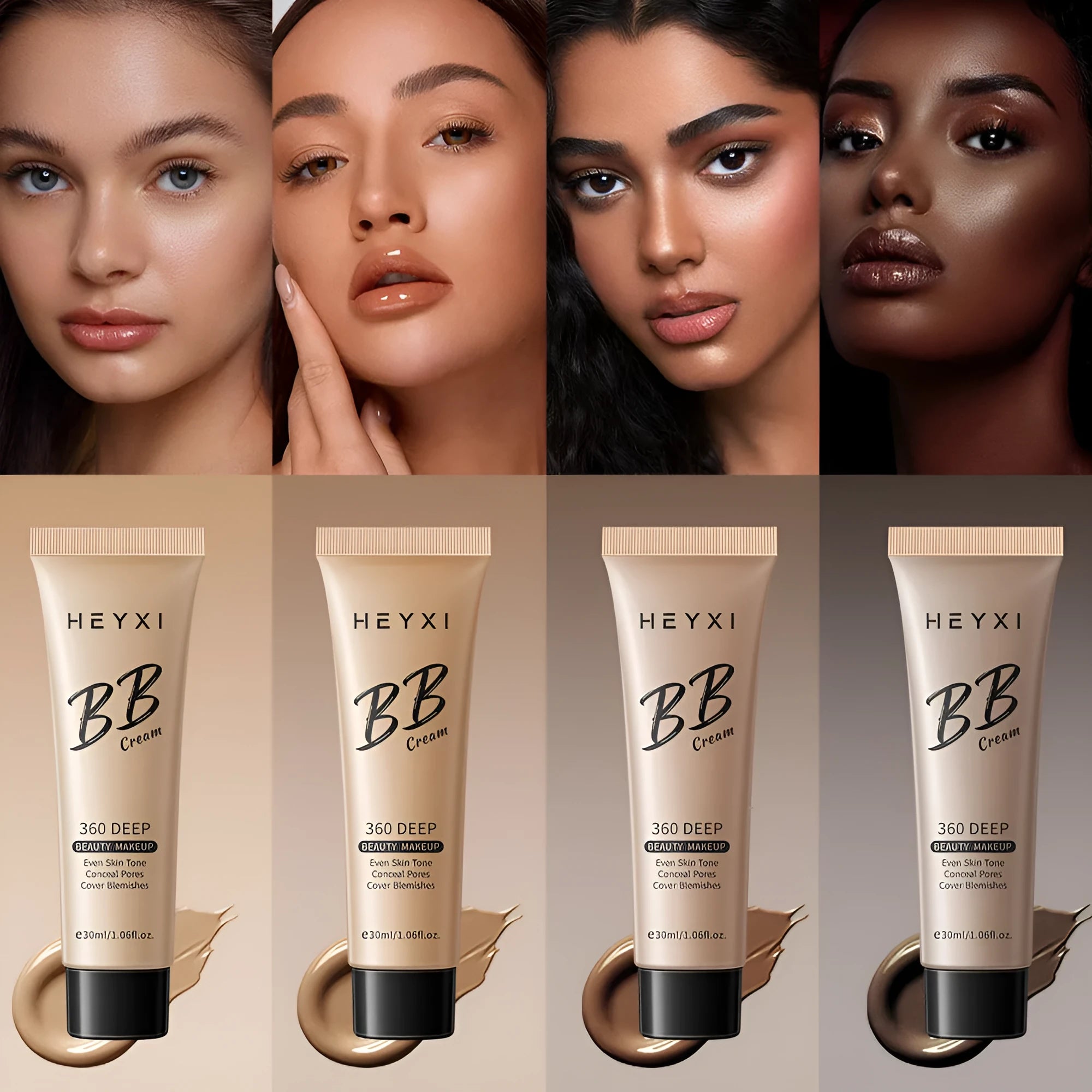 Waterproof BB cream tube with four colour shade options 01 02 03 04