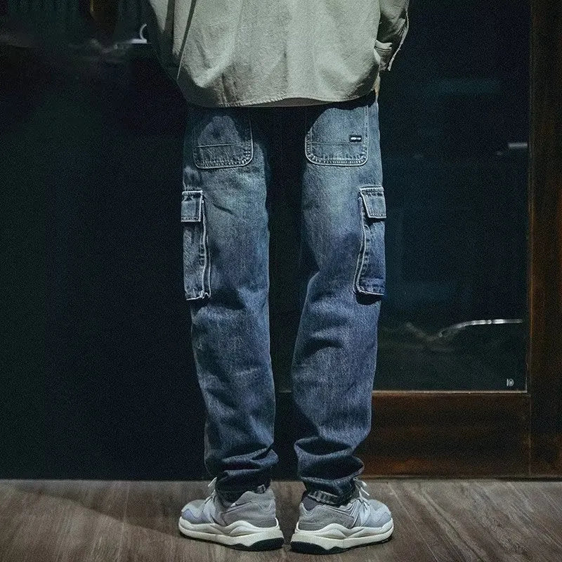 Men's blue loose straight retro fashion stretch pants with zip placket fly for leisure wear