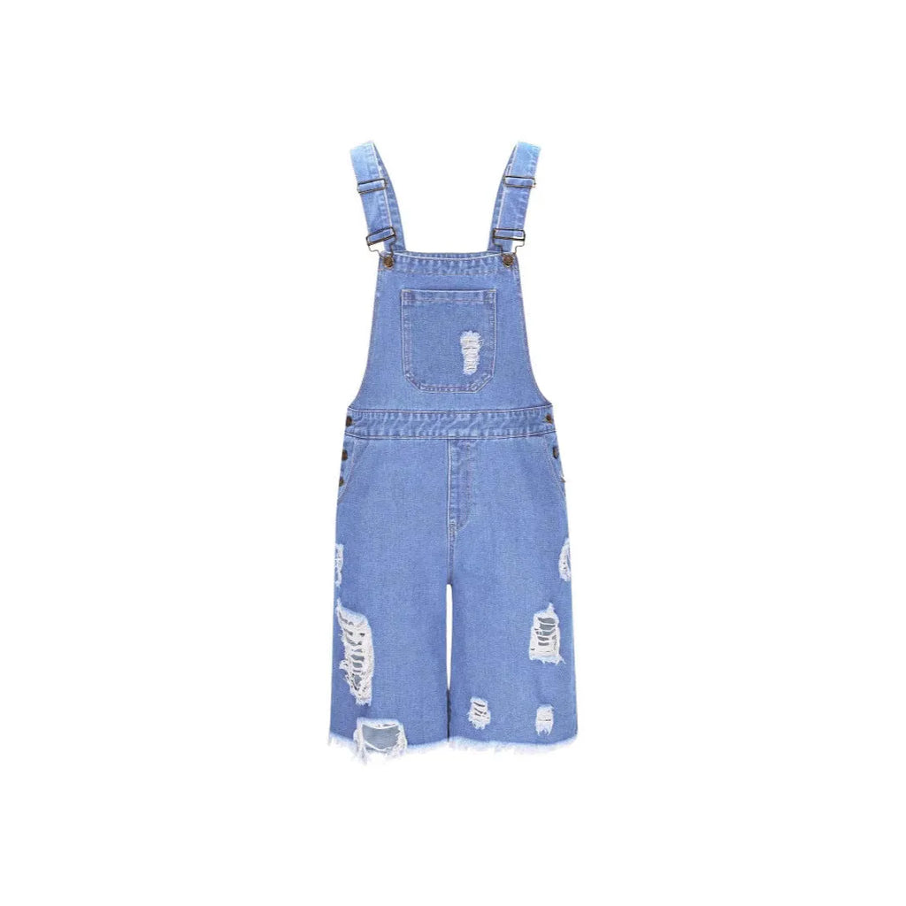 Men's ripped denim suspender shorts in straight-leg style with cotton fabric