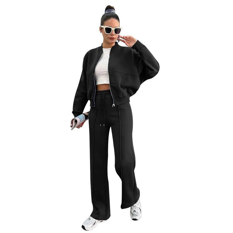 Women's fleece zipper cardigan and straight trousers suit in seven colours, long sleeve, collage stitching, sizes S to XXL