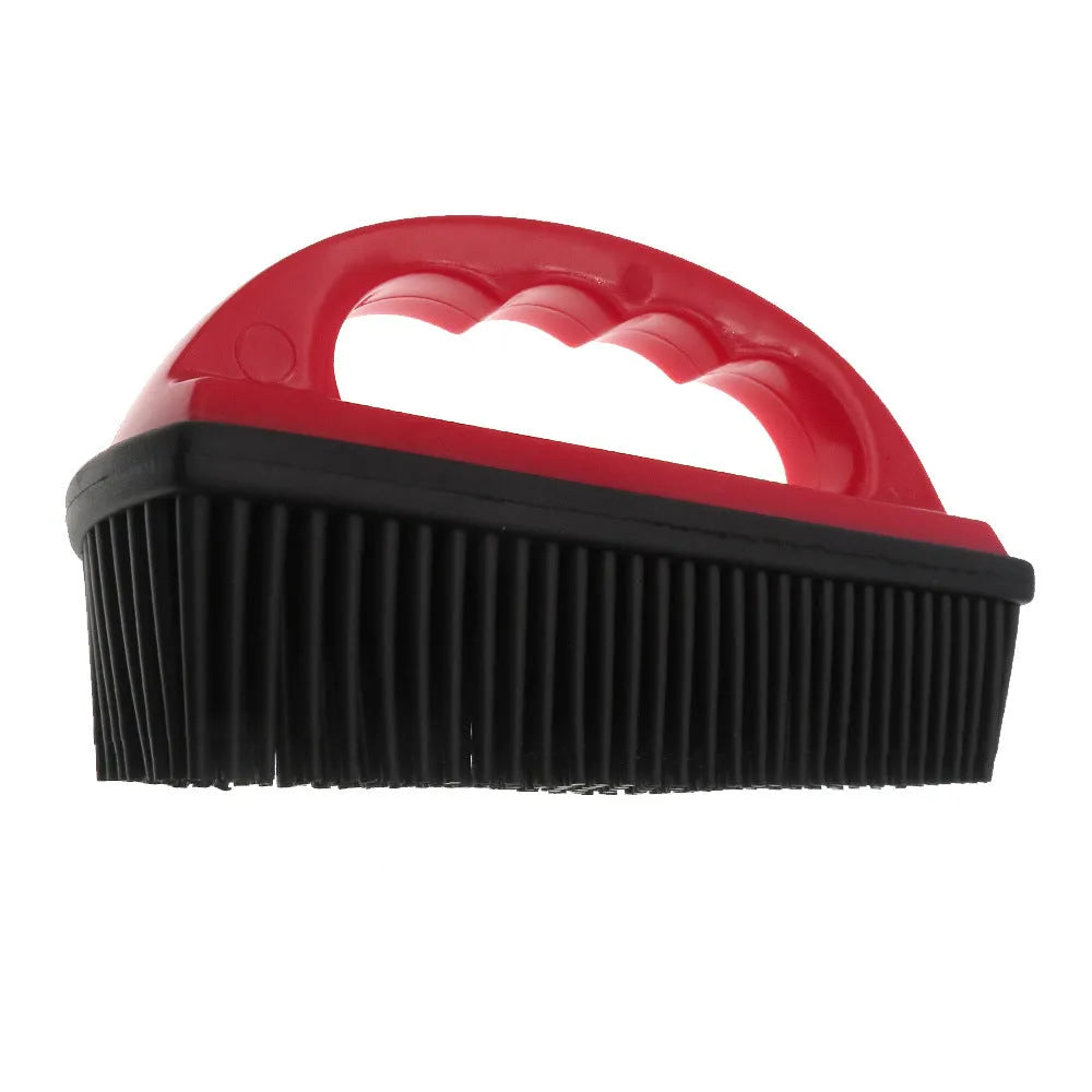 Red plastic pet hair removal brush with massage function for bath time and carpet cleaning
