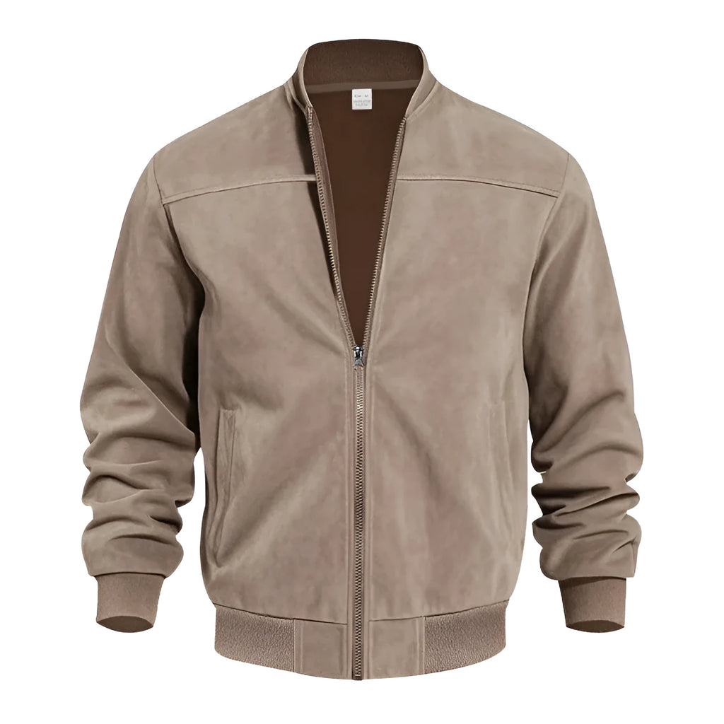 Men's plus size casual suede-look zipper jacket in multiple colour options on a hanger.