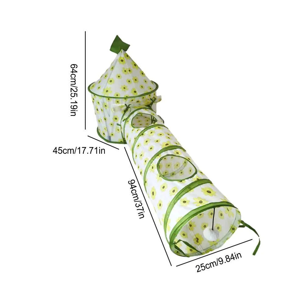 Cat play tunnel folding interactive bunny tent with black and white kitten pattern, made of polyester and canvas, with tunnel attached