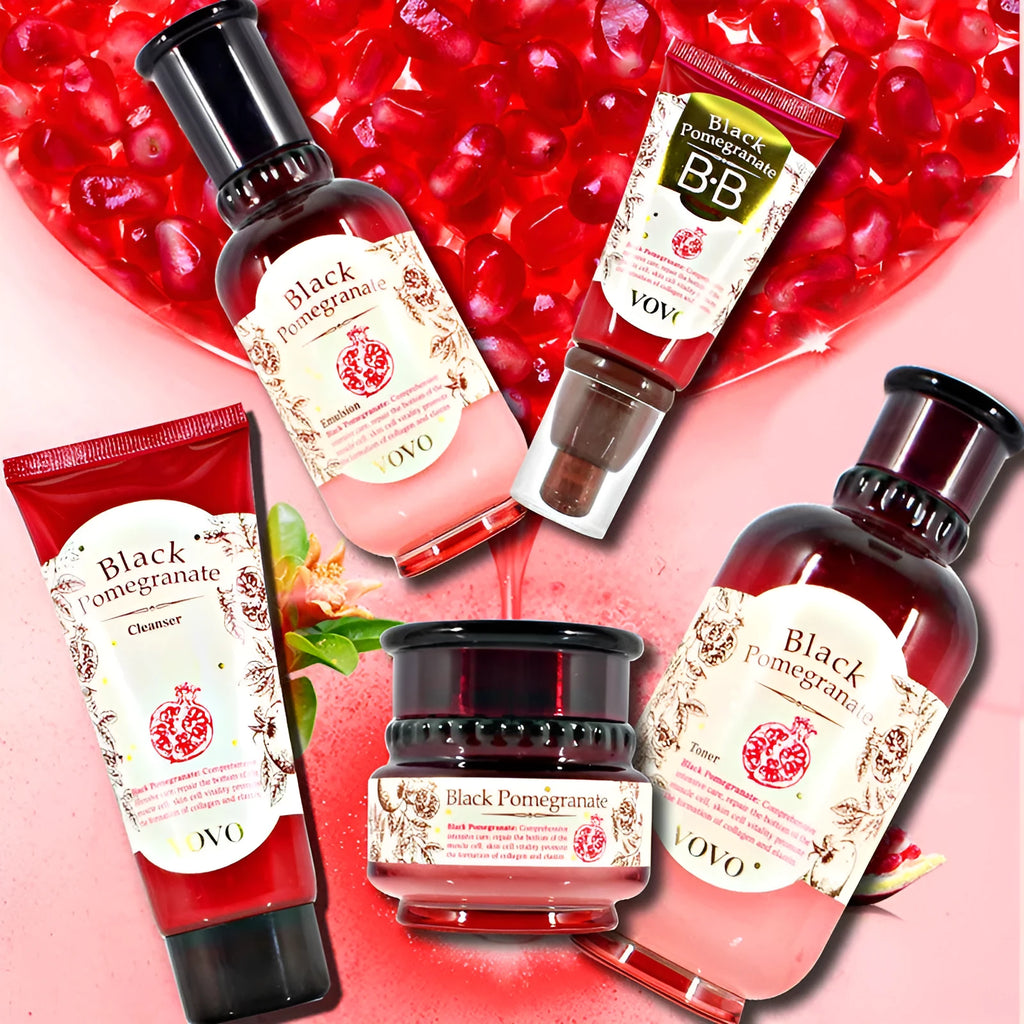 Pomegranate skincare set showing six products: cleanser, toner water, milk emulsion, essence, cream, and eye cream.