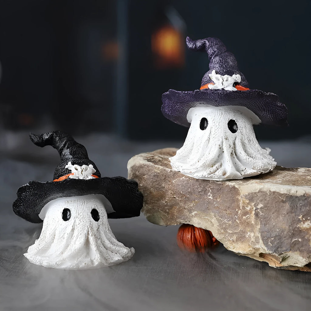 Small resin wizard hat ghost ornament in black or purple for holiday decoration.