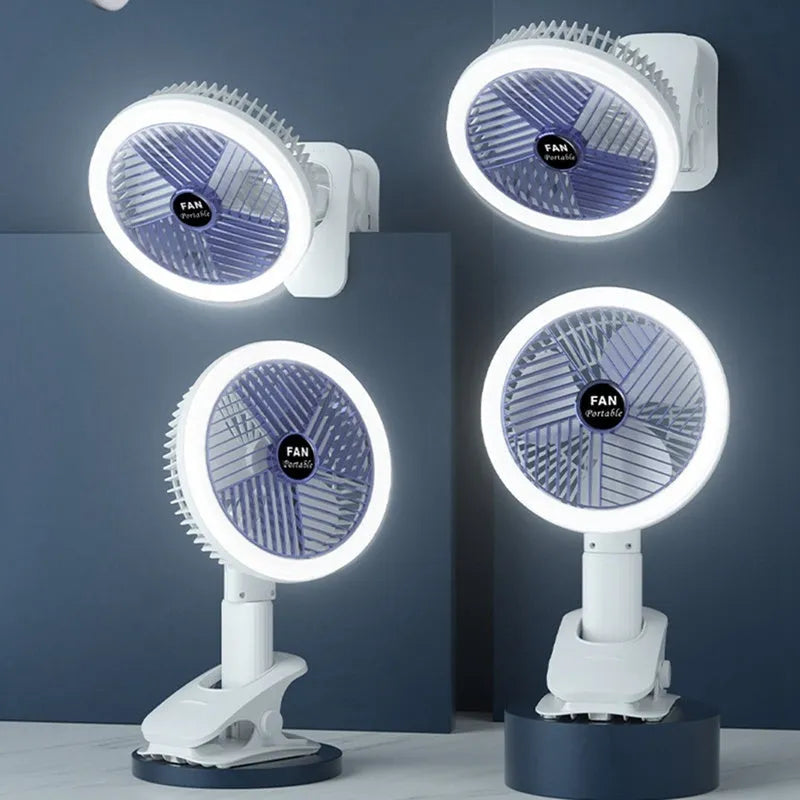 White and blue plastic rechargeable clip fan with USB cable, 29x18cm, clamped on a desk edge