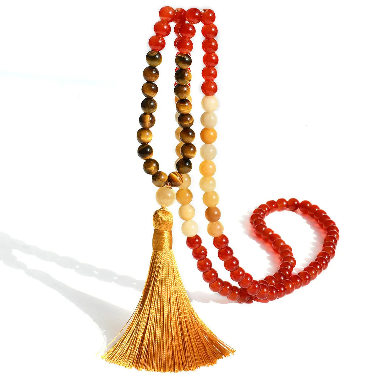 Long 108 natural stone bead necklace with mixed gemstone tassel pendant in bohemian style.