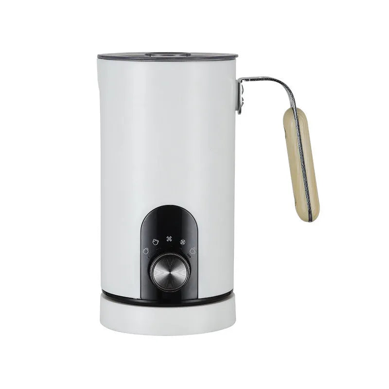 White knob-style milk frother with stainless steel body and 350ml capacity on countertop