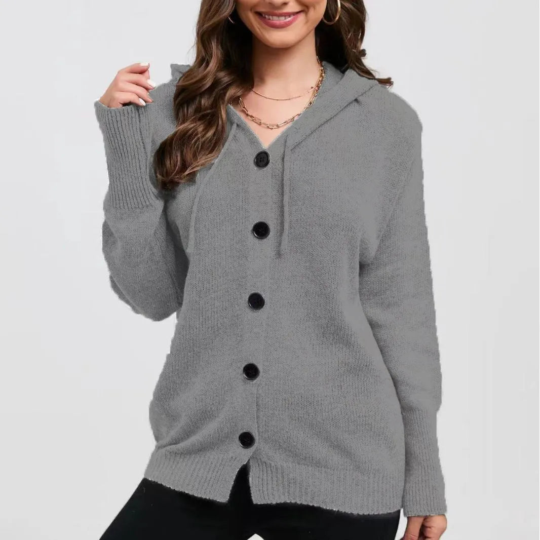 Women's thick cotton hooded cardigan sweater in loose fit with solid colour