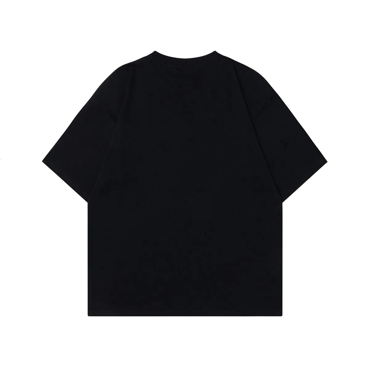 Men's black t-shirt with a retro character print, showing loose fit and short sleeves.