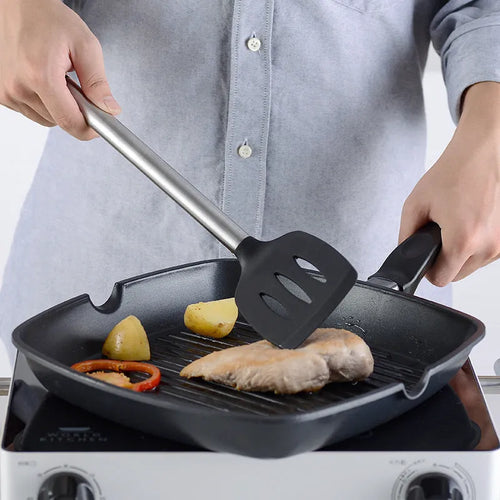 Black silicone kitchen utensil set with stainless steel handles, 16 pieces