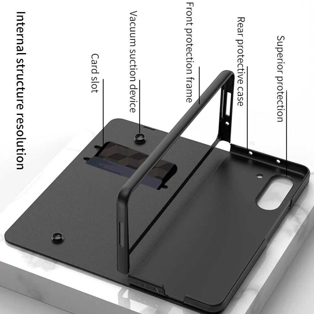 Samsung Galaxy Z Fold5 folding screen phone case in creative flip glass style with imitation leather finish, multiple colours shown
