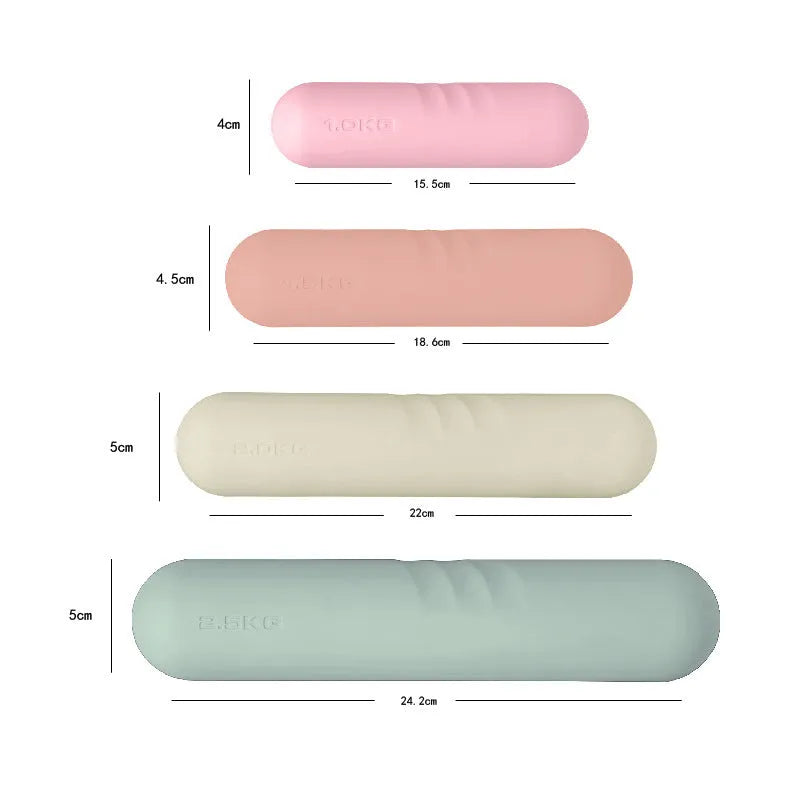 A hand-drawn cast iron dumbbell stick with a silicone non-slip edging, shown in various colours and weights.
