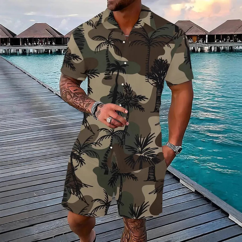 Men's Hawaii 3D printed short sleeve suit with matching shorts in polyester fabric