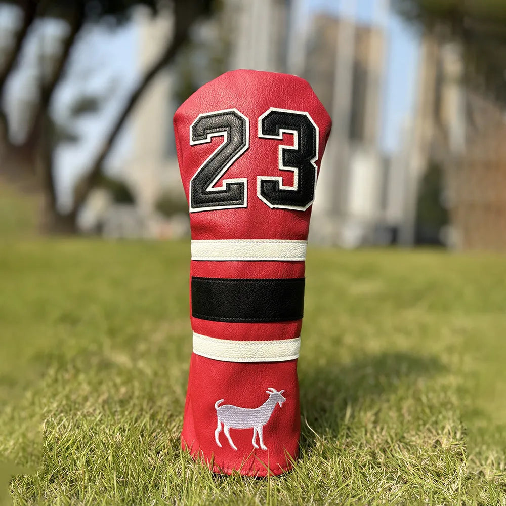 Ram golf club sleeve set showing four PU protectors for wooden pole clubs including chicken drumstick fairway design and square putter cover