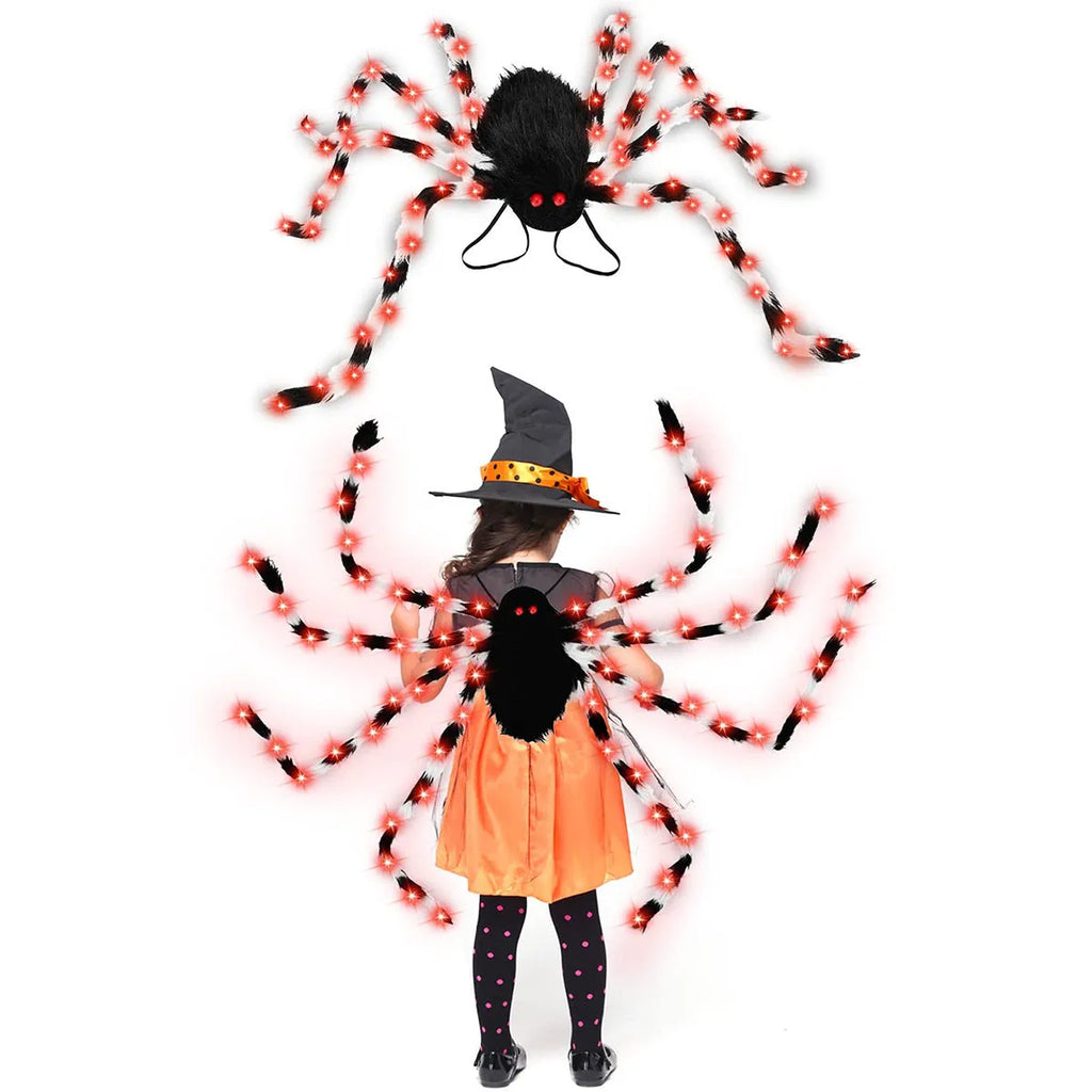 Halloween spider backpack with LED lights in plush sugar bag design