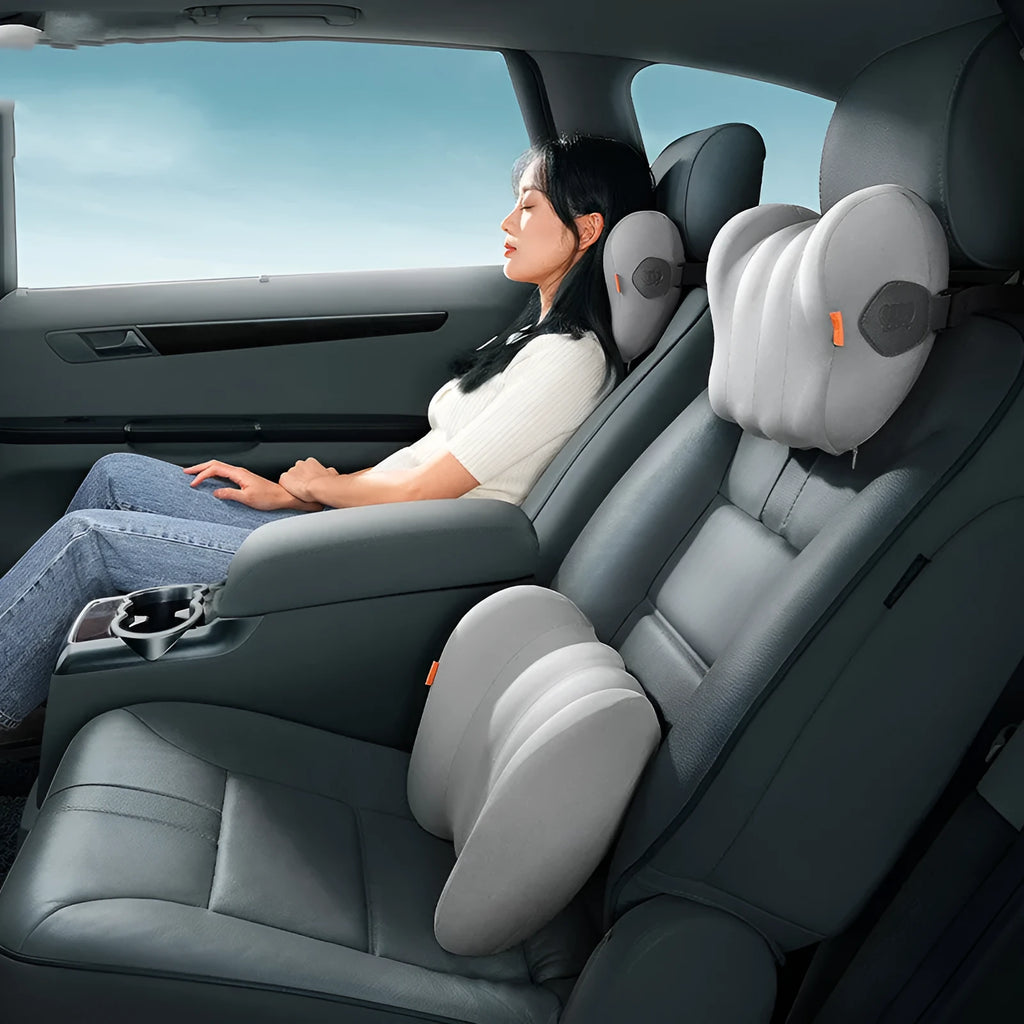 Car suspension bin head restraint and lumbar pillow set with memory foam interior in grey colour