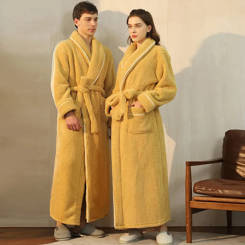 Super thick plus size flannel bathrobe in Angola red, shown on a hanger.