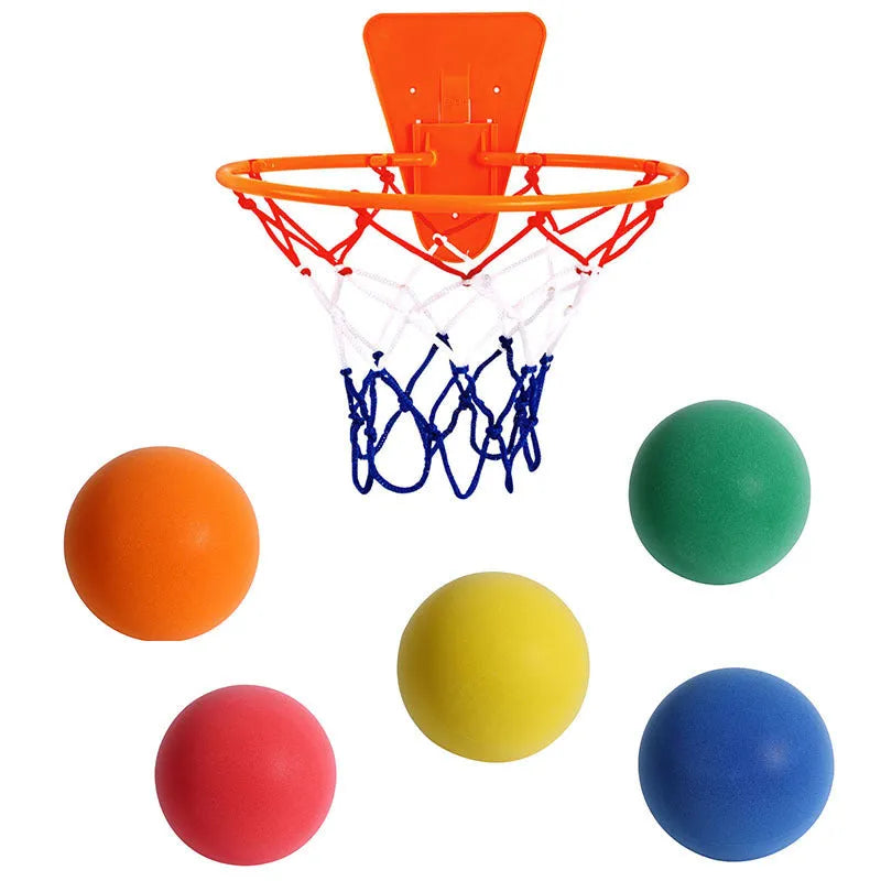 Silent high density foam basketball in assorted bright colours with basketball frame