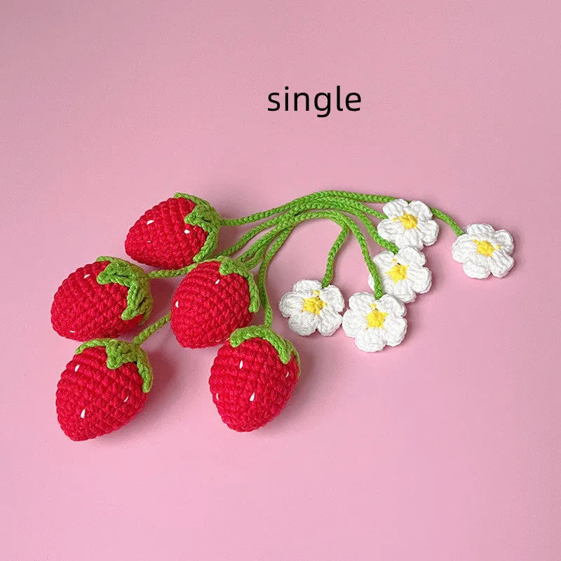Knitted wool strawberry pendant necklace with 35cm cord and woven charm