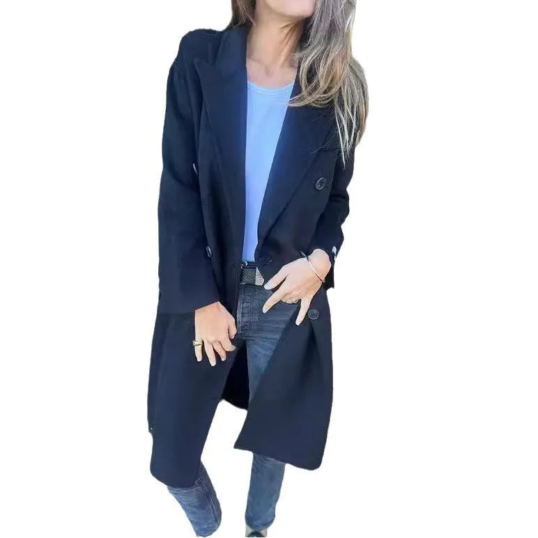 Women's mid-length lapel double-breasted casual jacket in polyester, available in black, white, and dark grey solid colours