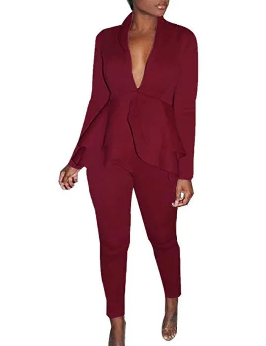 Women's white polyester business suit with ruffled sleeve detail and matching pencil pants.