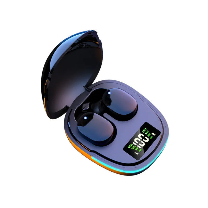 Black true wireless Bluetooth earbuds with charging case showing copper speaker and button controls