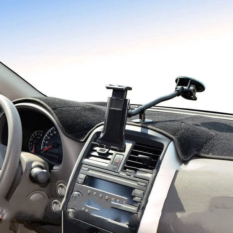 Black vehicle-mounted tablet bracket with adjustable lifting mechanism and long suction cup for 4-12 inch devices