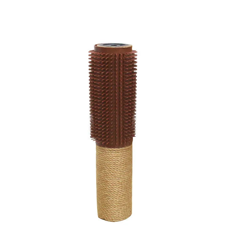 A tall, narrow sisal scratching post for cats on a floor.