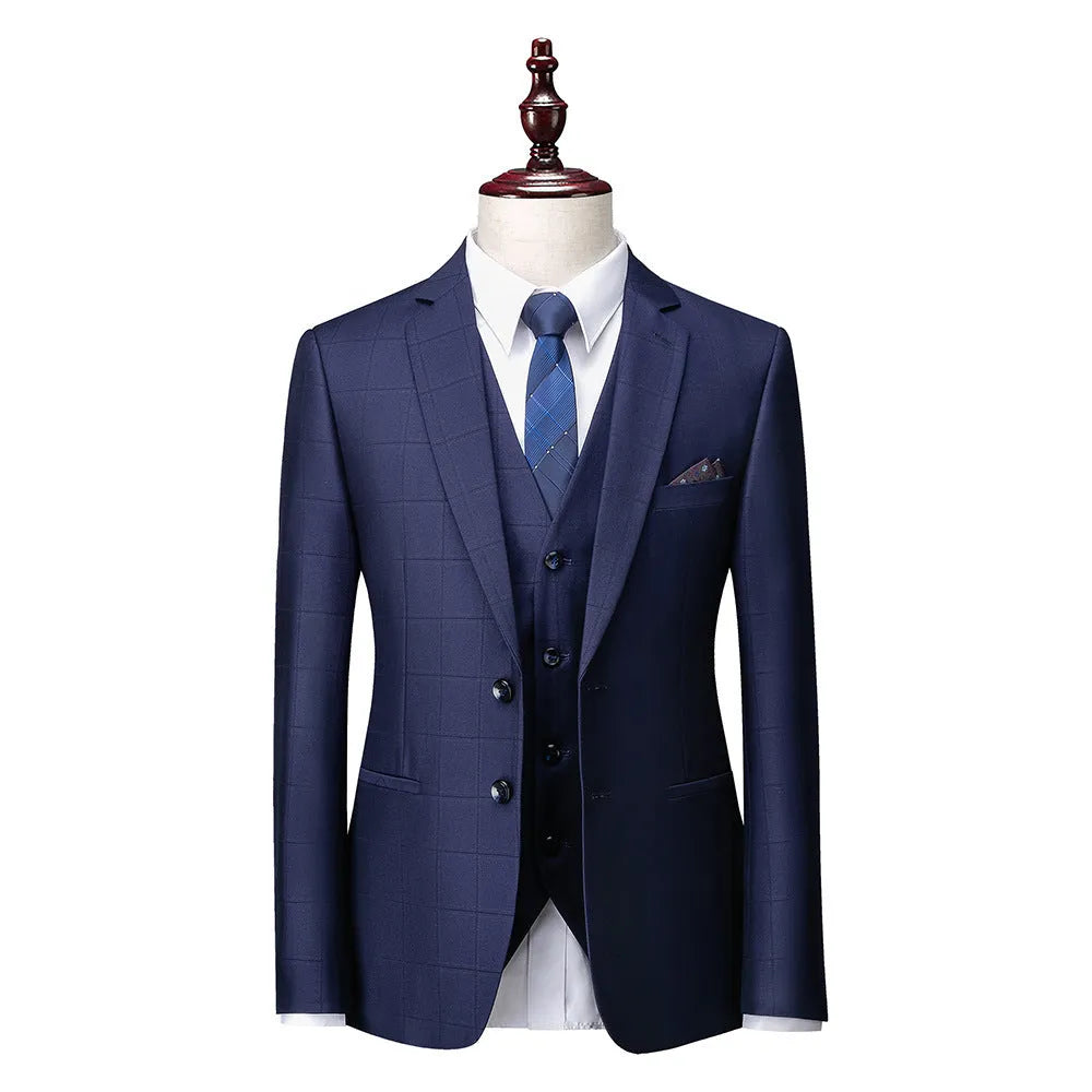 Men's navy blue three-piece slim fit plaid business casual suit with vest, jacket and trousers