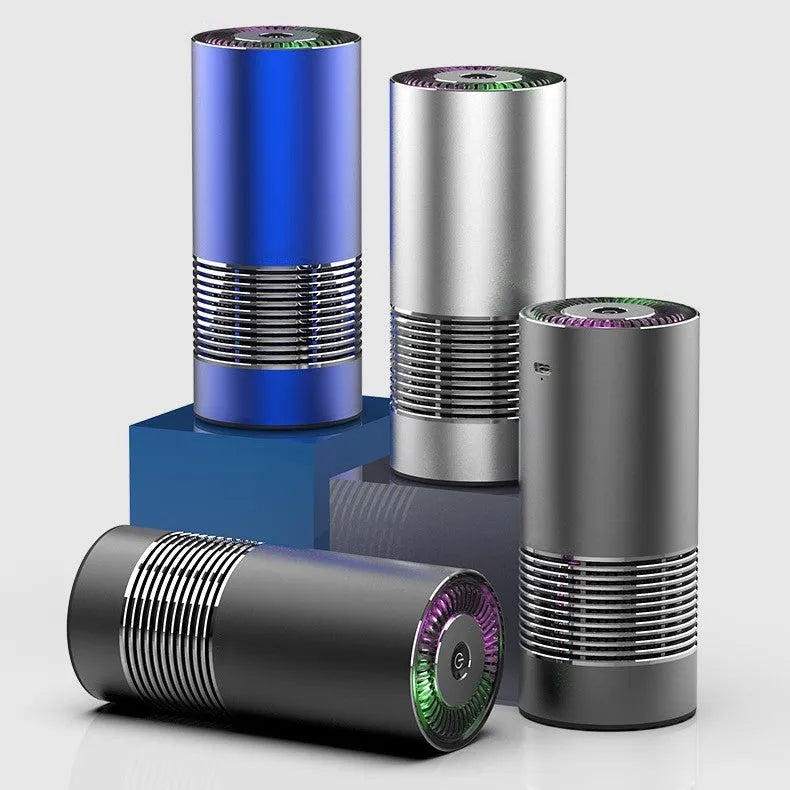 Aluminium alloy car air purifier measuring 65x150mm with 300W negative ion technology for 10m2 vehicle cabins