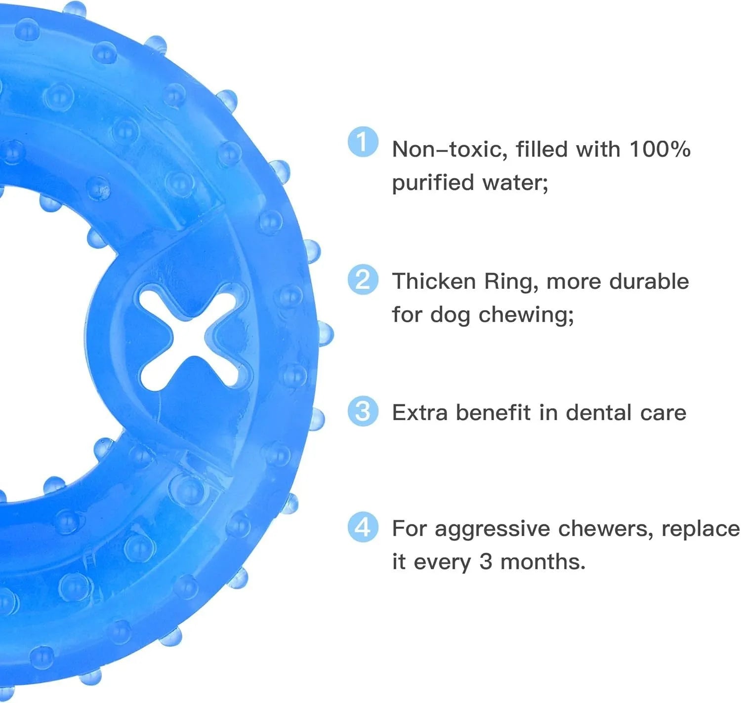 A freezable bone-shaped dog chew toy with a treat cavity, shown alongside a circle-shaped variant.
