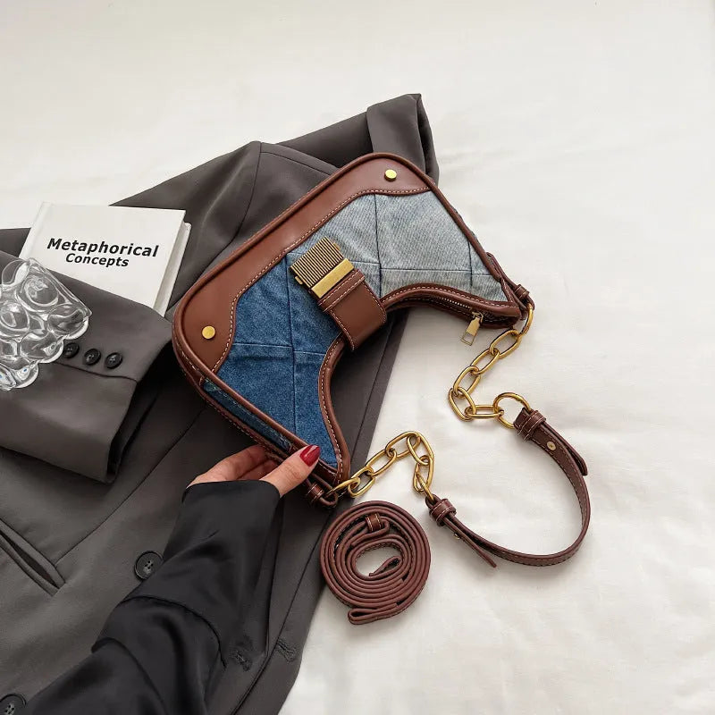 Brown denim women's shoulder bag with diamond chain design and bucket shape