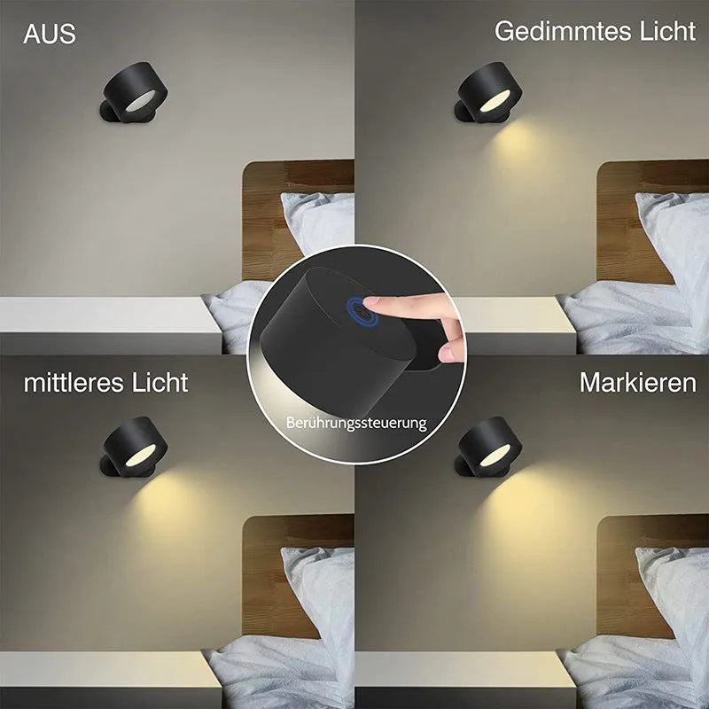 USB rechargeable LED wall lamp in white with ABS plastic housing and 7.5cm diameter