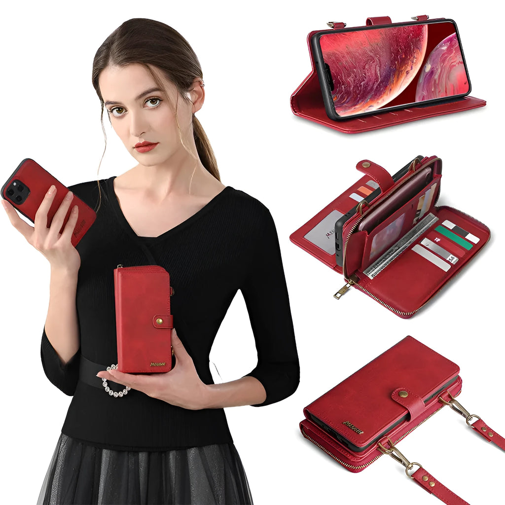 Black leather flip phone case with a magnetic wallet open, showing card slots, next to a smartphone.