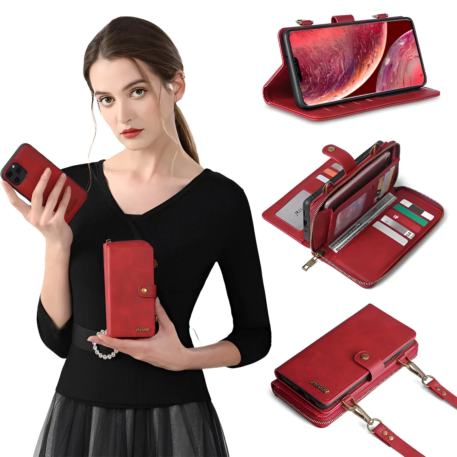 Black leather flip phone case with a magnetic wallet open, showing card slots, next to a smartphone.