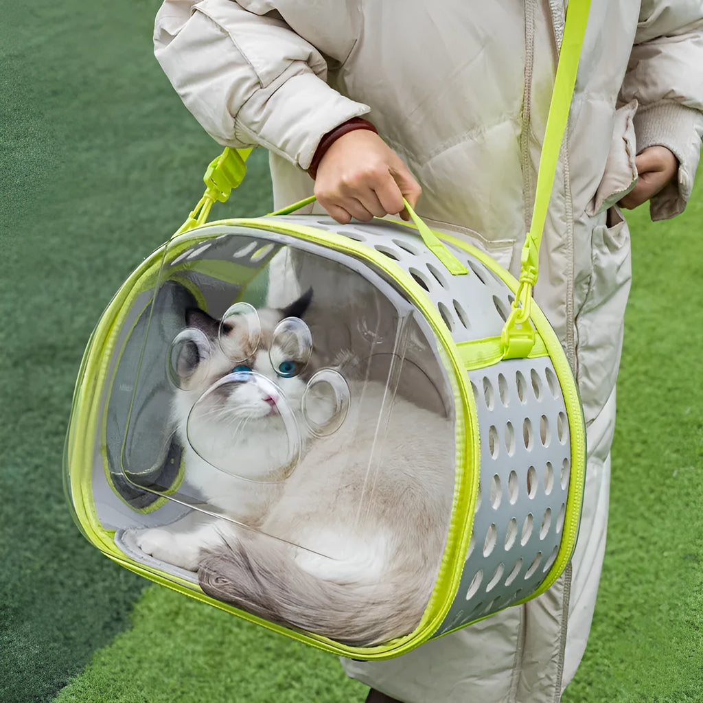 Transparent hard-shell space capsule backpack for a cat, shown in a choice of colours including grass green and pink.