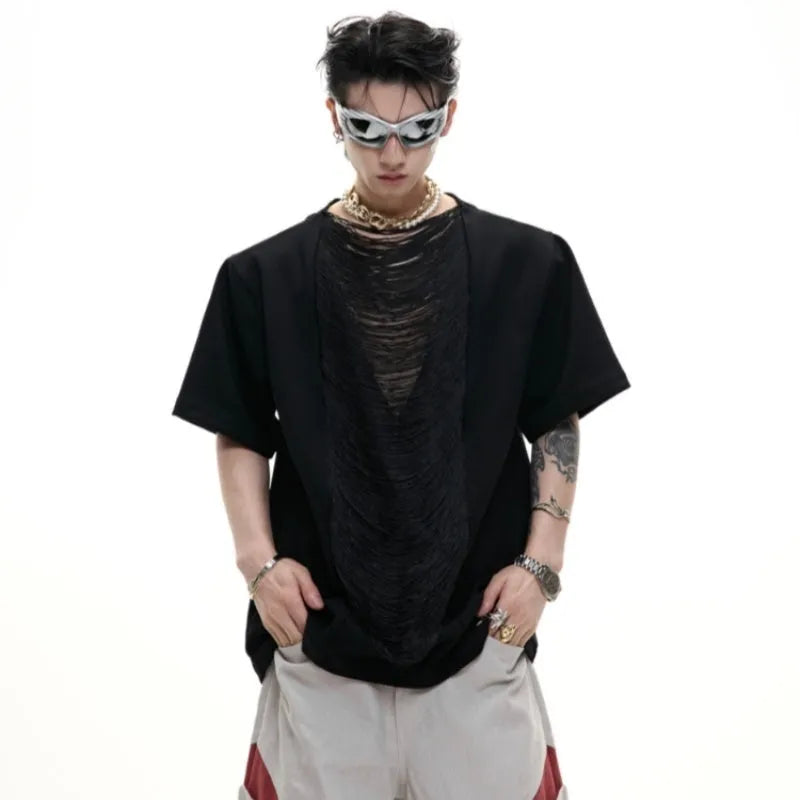 Black men's loose t-shirt with a hollow-out V-neck and short sleeves featuring a tassel detail.